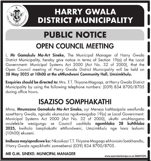 Open Council meeting of Harry Gwala District Municipality